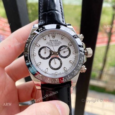 Copy Rolex Daytona 43mm Watch Panda Face Black Leather Strap